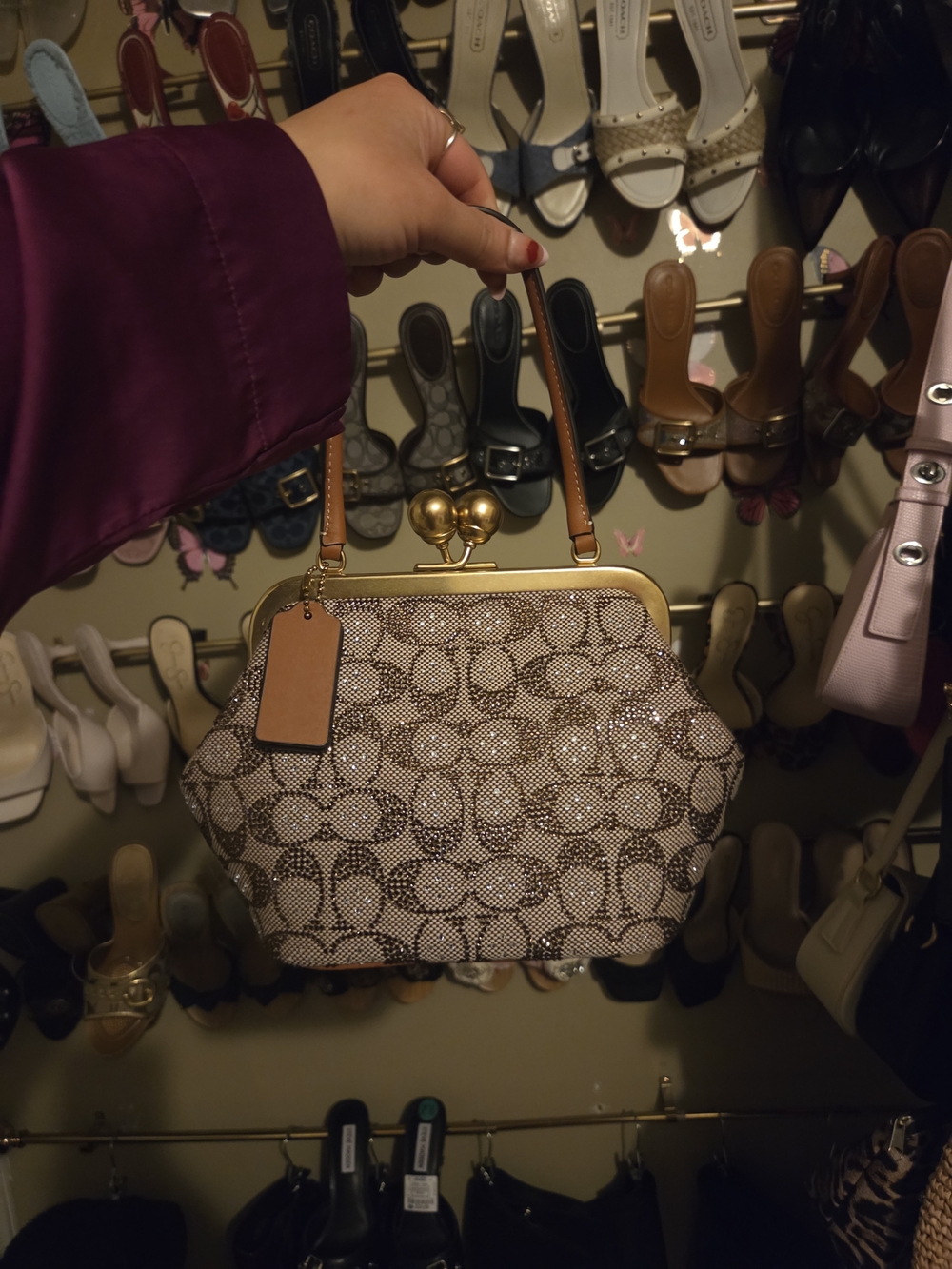 Coach Cream and Brown Signature Kiss-Lock Wristlet